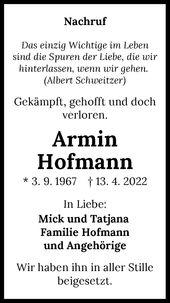 Traueranzeige von Armin Hofmann von GESAMT