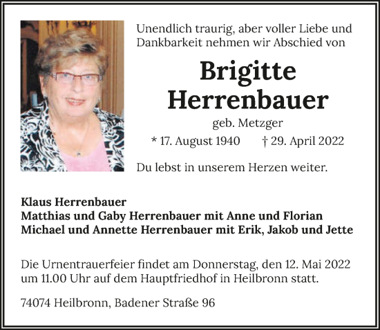 Traueranzeige von Brigitte Herrenbauer von GESAMT