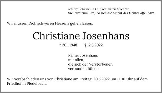 Traueranzeige von Christiane Josenhans von GESAMT