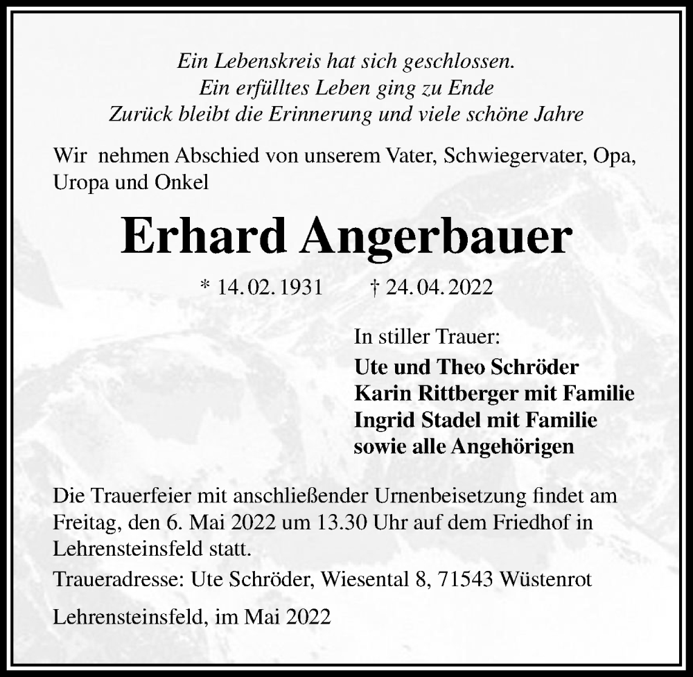  Traueranzeige für Erhard Angerbauer vom 04.05.2022 aus GESAMT