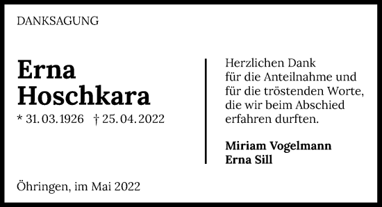 Traueranzeige von Erna Hoschkara von GESAMT