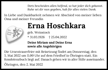 Traueranzeige von Erna Hoschkara von GESAMT