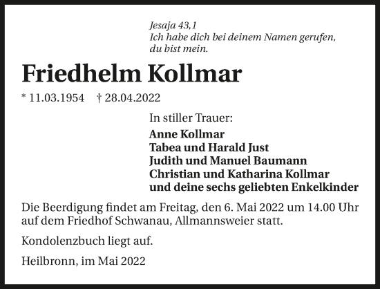 Traueranzeige von Friedhelm Kollmar von GESAMT