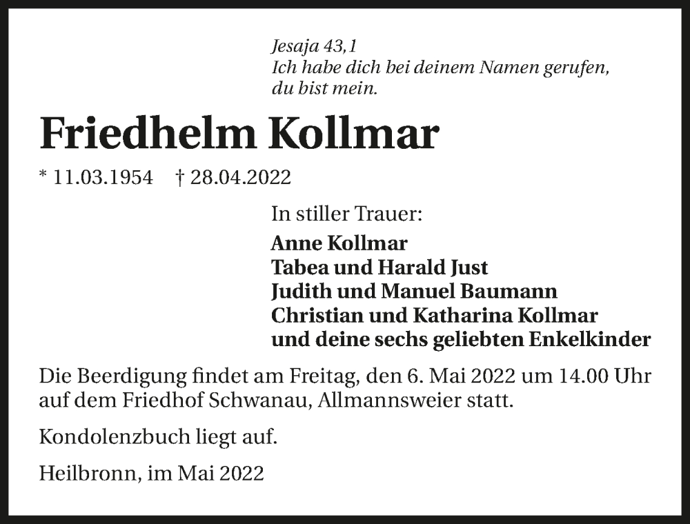  Traueranzeige für Friedhelm Kollmar vom 03.05.2022 aus GESAMT