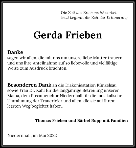Traueranzeige von Gerda Frieben von GESAMT
