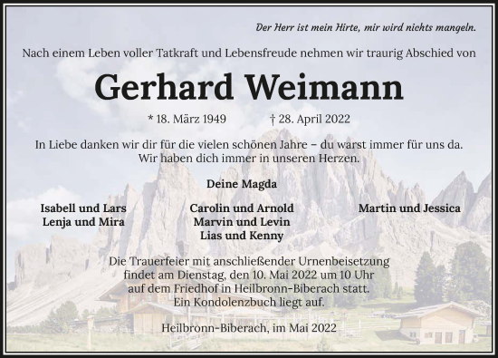 Traueranzeige von Gerhard Weimann von GESAMT