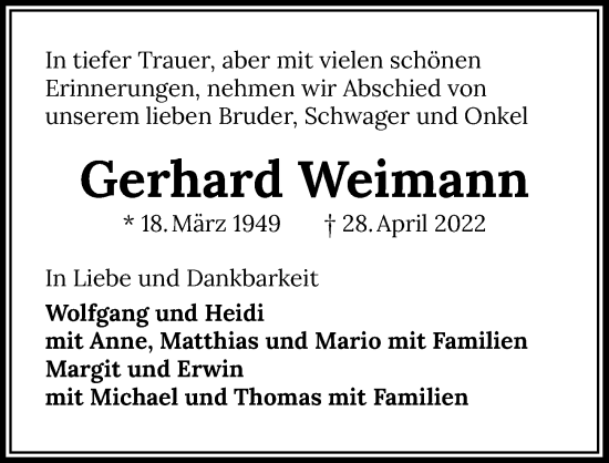 Traueranzeige von Gerhard Weimann von GESAMT