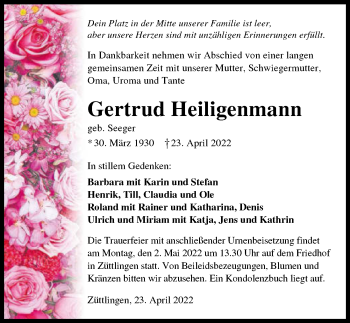Traueranzeige von Gertrud Heiligenmann von GESAMT