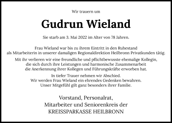 Traueranzeige von Gudrun Wieland von GESAMT