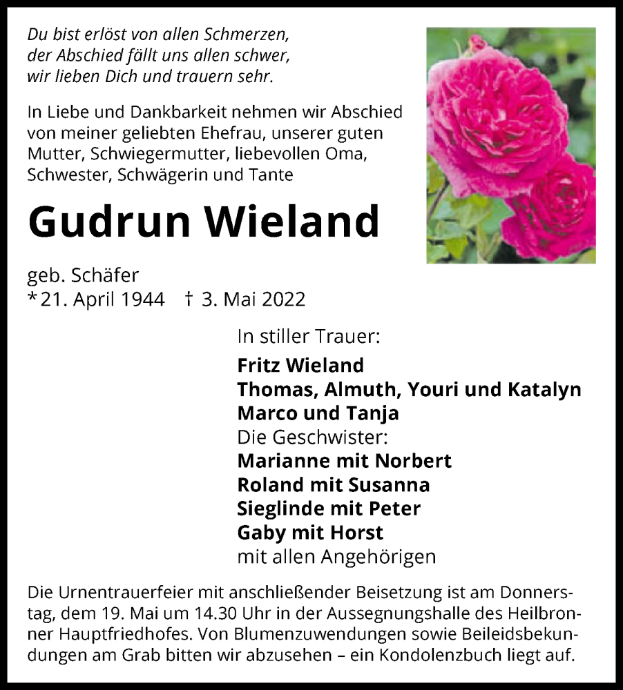  Traueranzeige für Gudrun Wieland vom 07.05.2022 aus GESAMT