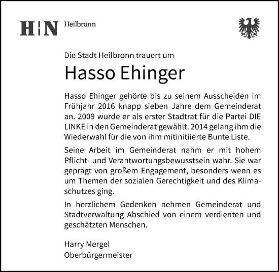 Traueranzeige von Hasso Ehinger von GESAMT