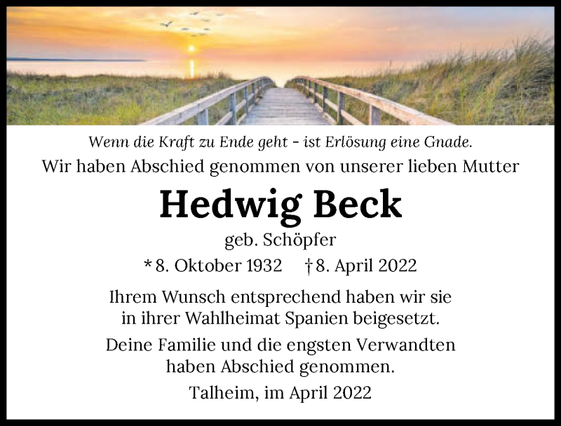  Traueranzeige für Hedwig Beck vom 30.04.2022 aus GESAMT