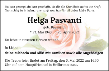 Traueranzeige von Helga Pasvanti von GESAMT