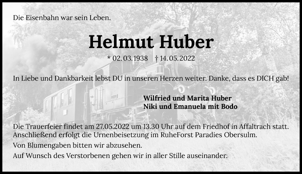  Traueranzeige für Helmut Huber vom 21.05.2022 aus GESAMT