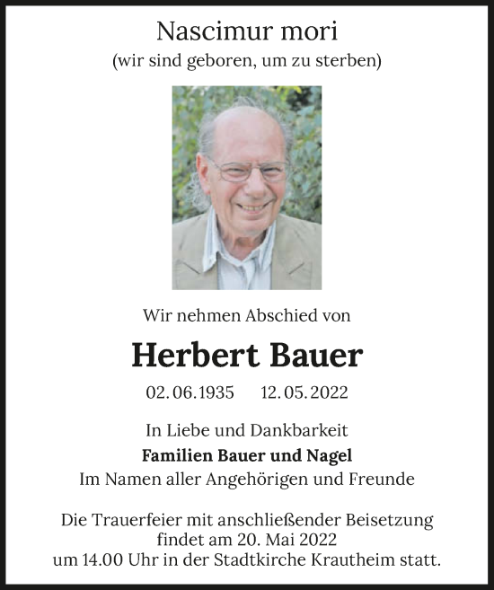 Traueranzeigen Von Herbert Bauer Trauerundgedenkende