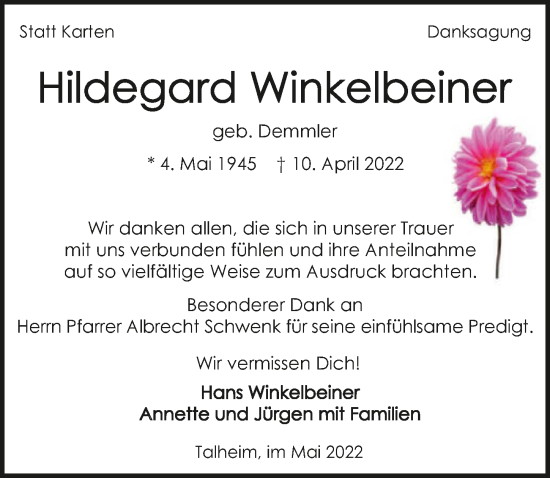 Traueranzeige von Hildegard Winkelbeiner von GESAMT