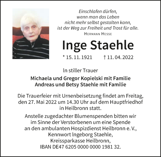 Traueranzeige von Inge Staehle von GESAMT