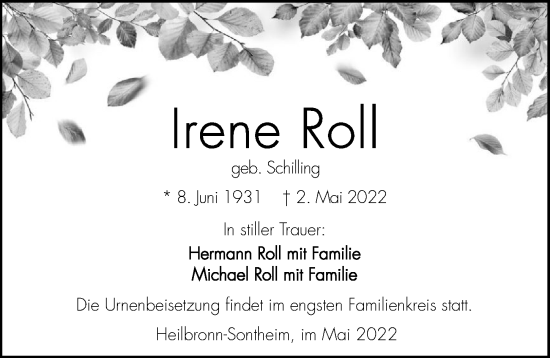 Traueranzeige von Irene Roll von GESAMT