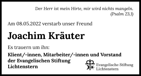 Traueranzeige von Joachim Kräuter von GESAMT