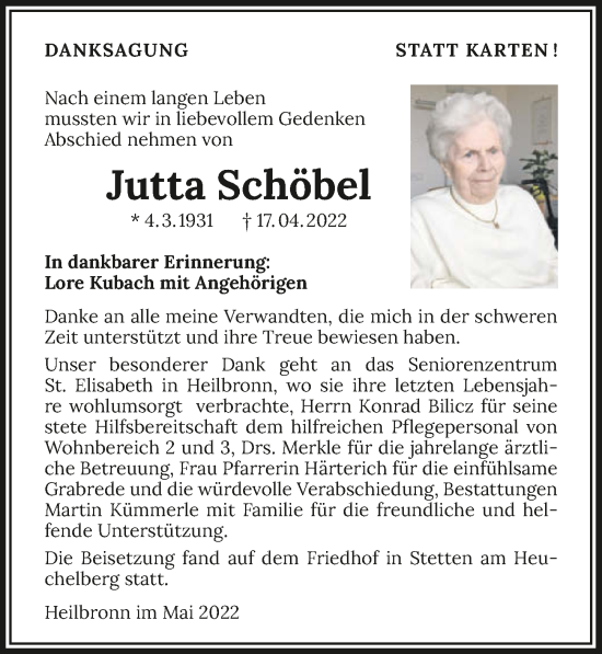 Traueranzeige von Jutta Schöbel von GESAMT