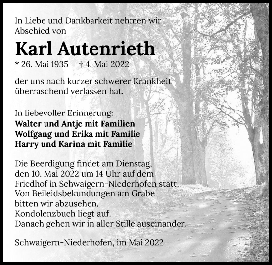 Traueranzeige von Karl Authenried von GESAMT