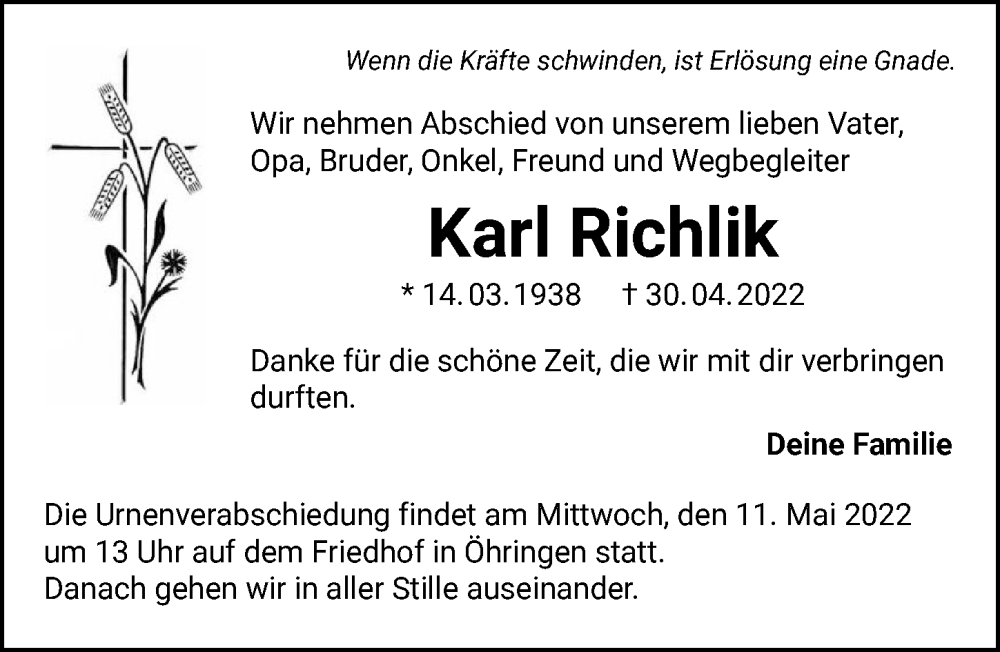  Traueranzeige für Karl Richlik vom 07.05.2022 aus GESAMT