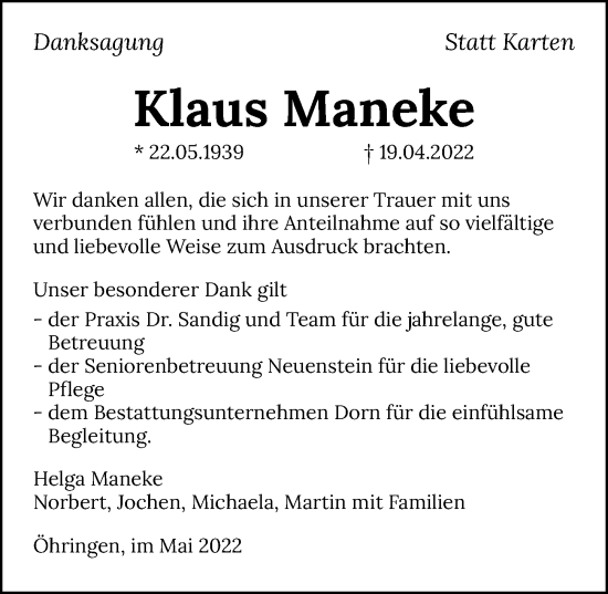 Traueranzeige von Klaus Maneke von GESAMT