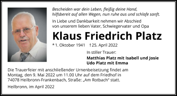 Traueranzeige von Klaus Friedrich Platz von GESAMT