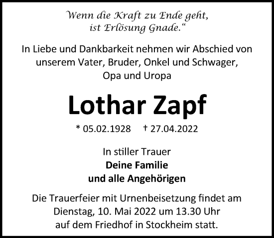 Traueranzeige von Lothar Zapf von GESAMT