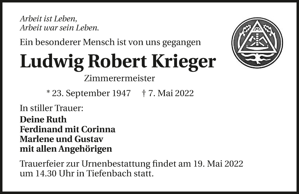  Traueranzeige für Ludwig Robert Krieger vom 14.05.2022 aus GESAMT