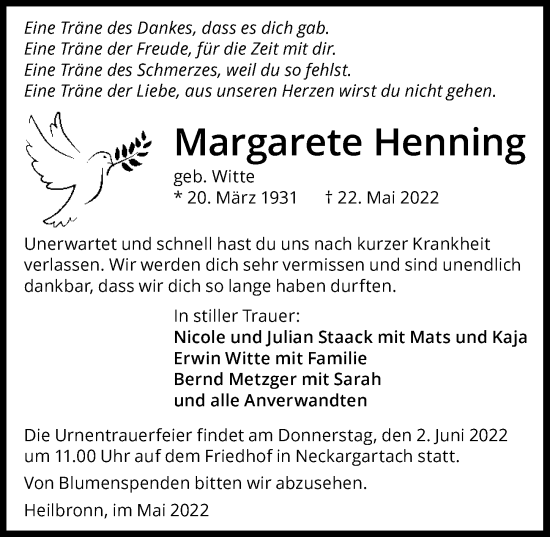 Traueranzeige von Margarete Henning von GESAMT