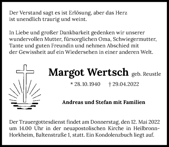 Traueranzeige von Margot Wertsch von GESAMT