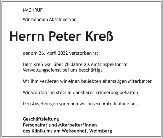 Traueranzeige von Peter Kreß von GESAMT