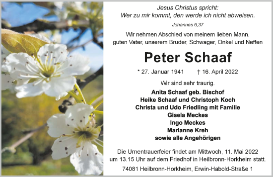 Traueranzeige von Peter Schaaf von GESAMT