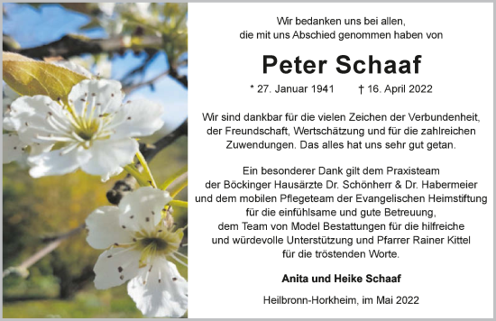 Traueranzeige von Peter Schaaf von GESAMT