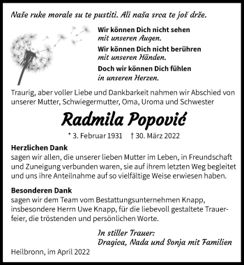 Traueranzeige von Radmila Popovic von GESAMT