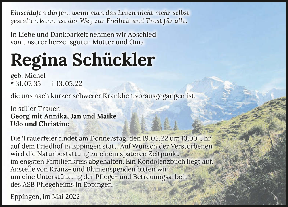  Traueranzeige für Regina Schückler vom 17.05.2022 aus GESAMT