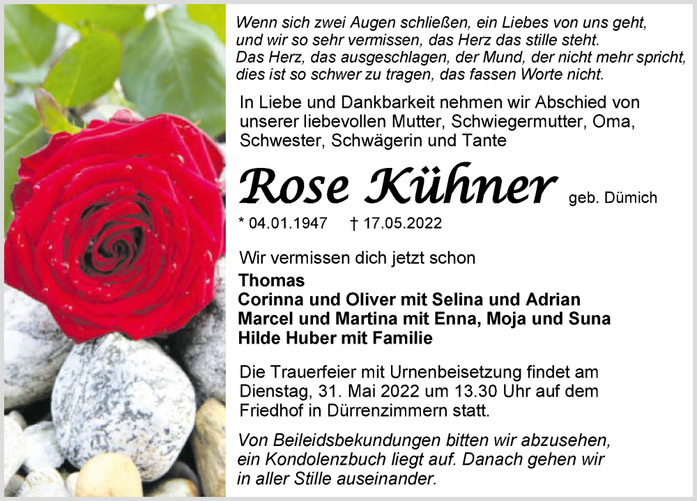 Traueranzeige für Rose Kühner vom 21.05.2022 aus GESAMT
