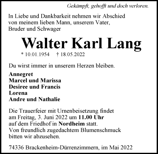 Traueranzeige von Walter Karl Lang von GESAMT