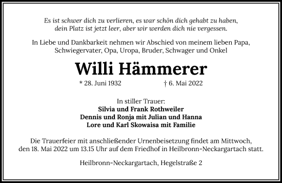 Traueranzeige von Willi Hämmerer von GESAMT