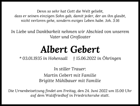 Traueranzeige von Albert Gebert von GESAMT