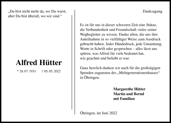 Traueranzeige von Alfred Hütter von GESAMT