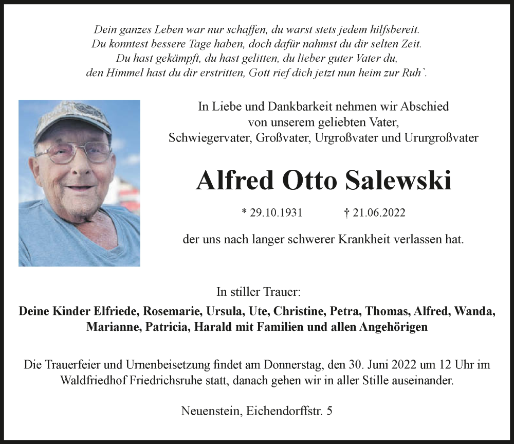  Traueranzeige für Alfred Otto Salewski vom 25.06.2022 aus GESAMT