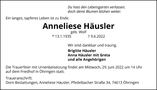 Traueranzeige von Anneliese Häußler von GESAMT