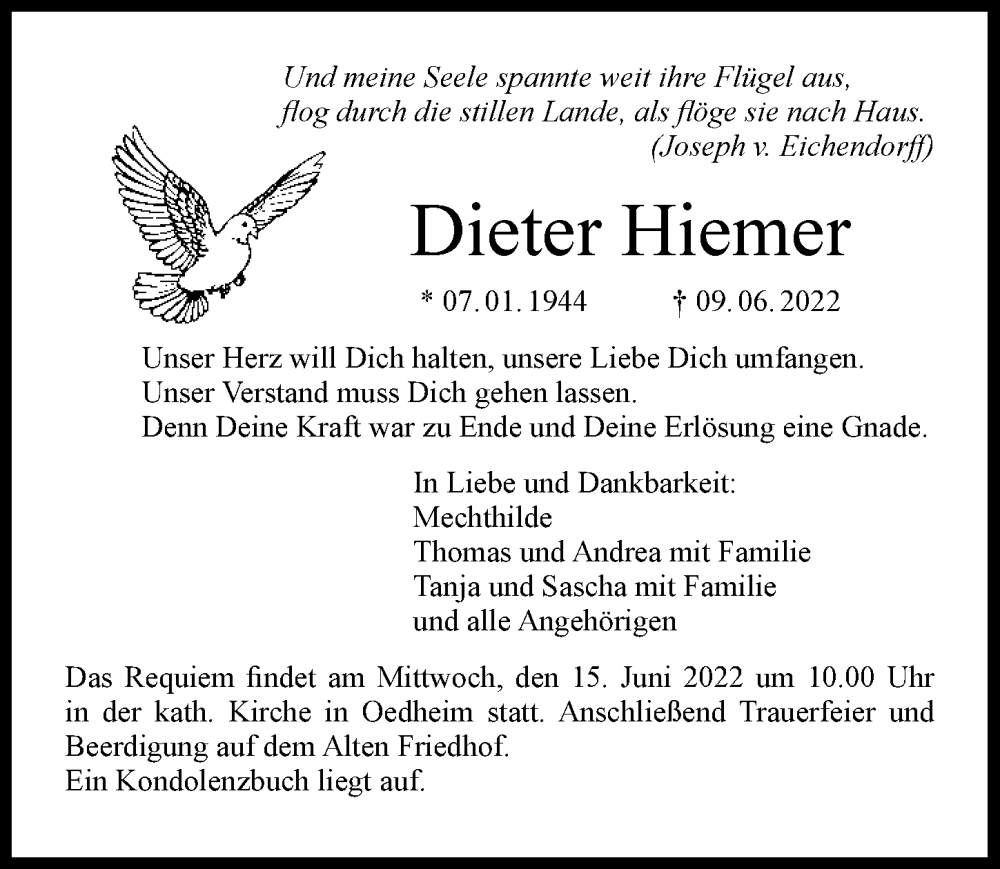  Traueranzeige für Dieter Hiemer vom 11.06.2022 aus GESAMT