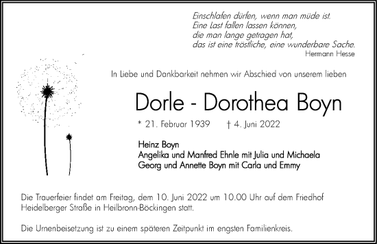 Traueranzeige von Dorle-Dorothea Boyn von GESAMT