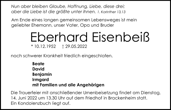 Traueranzeige von Eberhard Eisenbeiß von GESAMT