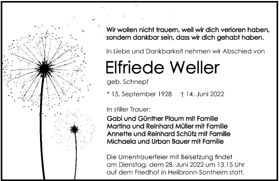 Traueranzeige von Elfriede Weller von GESAMT