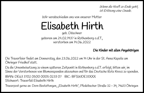 Traueranzeige von Elisabeth Hirth von GESAMT