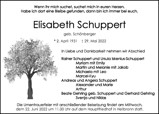 Traueranzeige von Elisabeth Schuppert von GESAMT